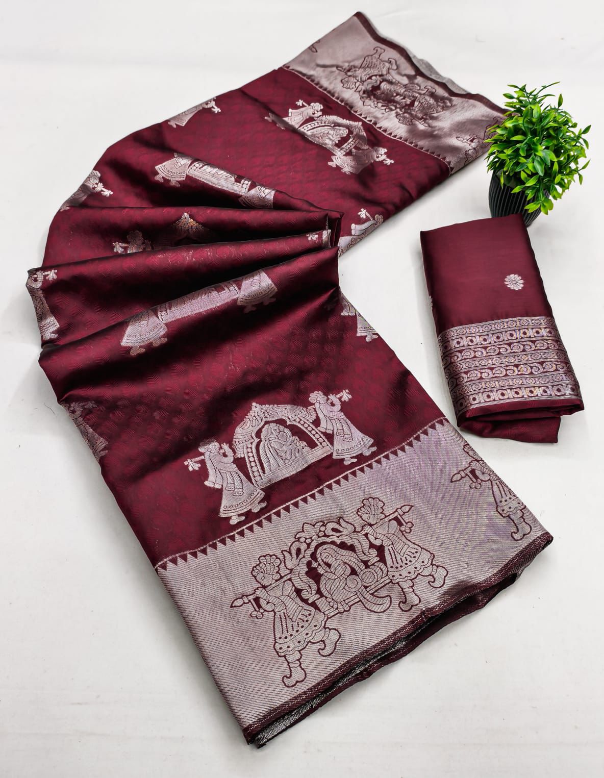 Kubera Elite Meena Fancy Lightweight Silk Saree – Bridal Grandeur with 3D Embossed Design & Silver Jari Elegance