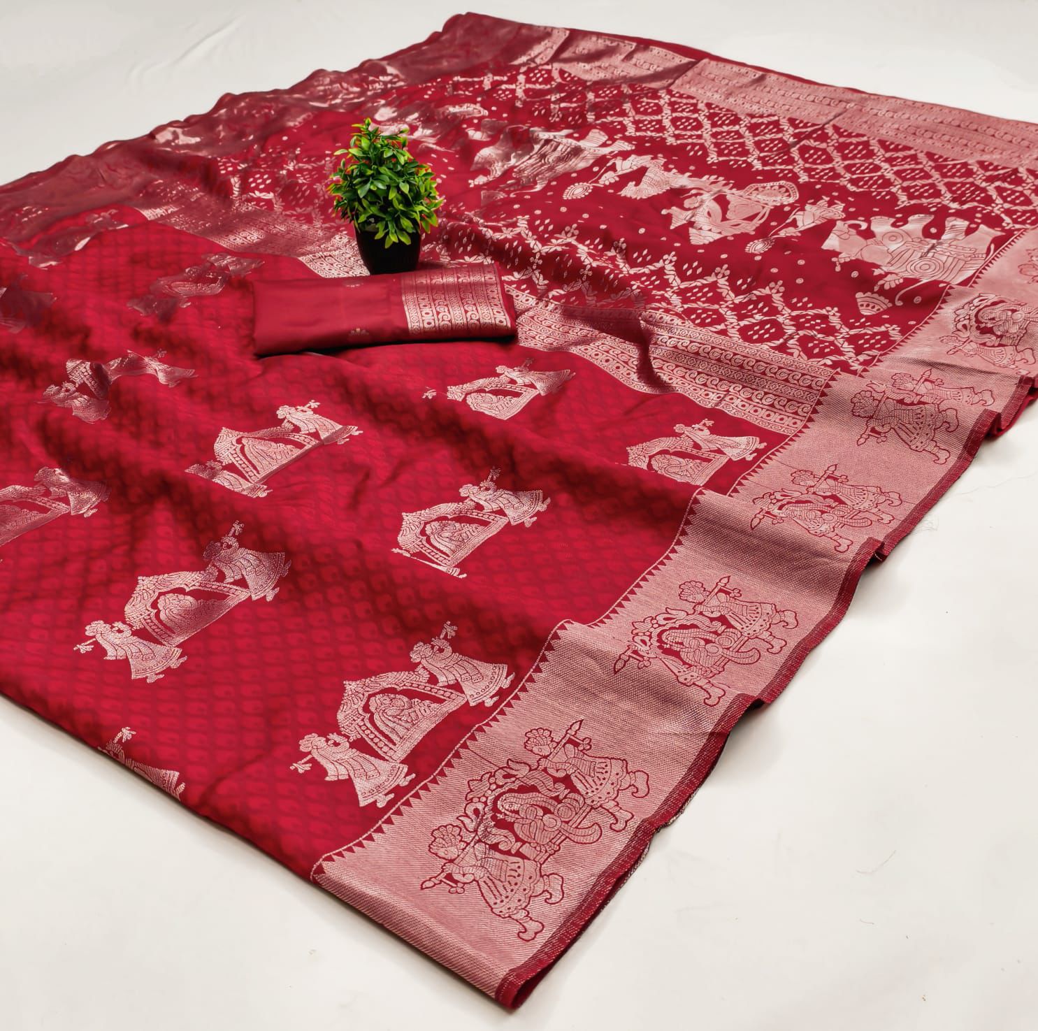 Kubera Elite Meena Fancy Lightweight Silk Saree – Bridal Grandeur with 3D Embossed Design & Silver Jari Elegance