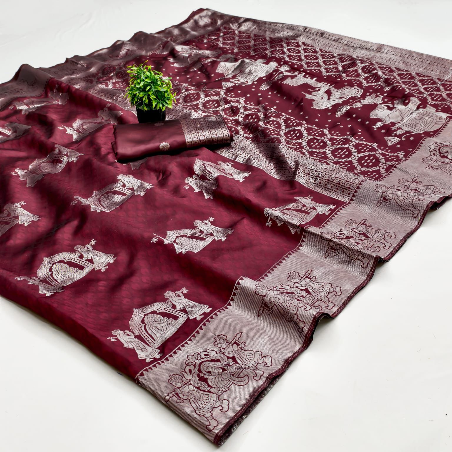 Kubera Elite Meena Fancy Lightweight Silk Saree – Bridal Grandeur with 3D Embossed Design & Silver Jari Elegance