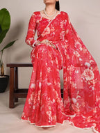Georgette Weightless Floral Printed Saree – Elegant Pearl Lace Border & Matching Blouse