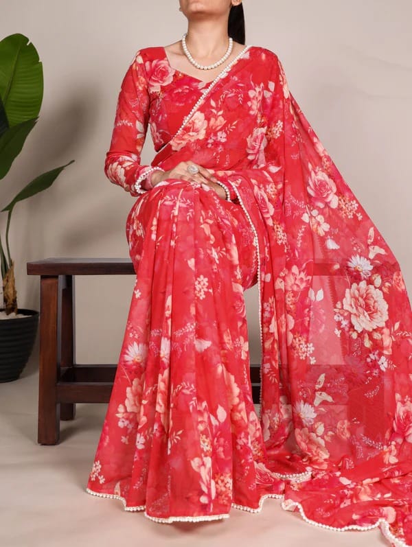 Georgette Weightless Floral Printed Saree – Elegant Pearl Lace Border & Matching Blouse