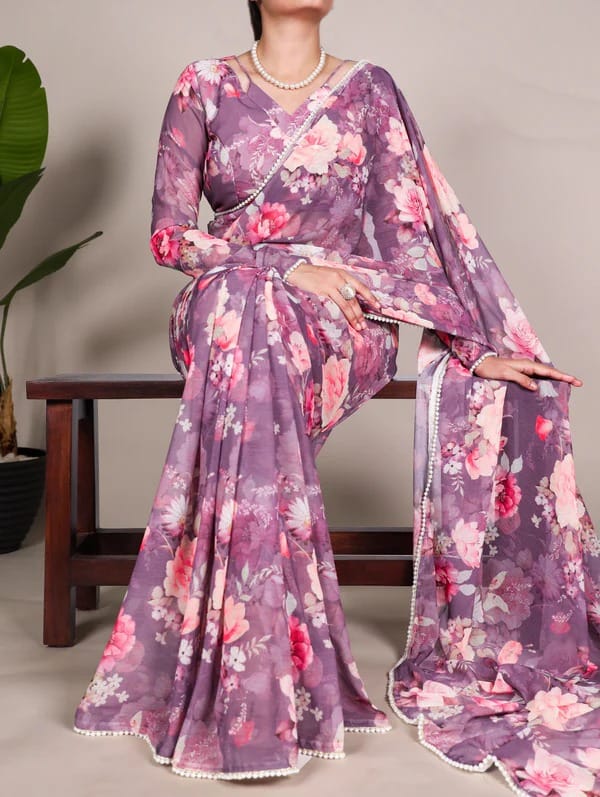 Georgette Weightless Floral Printed Saree – Elegant Pearl Lace Border & Matching Blouse