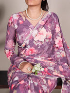 Georgette Weightless Floral Printed Saree – Elegant Pearl Lace Border & Matching Blouse