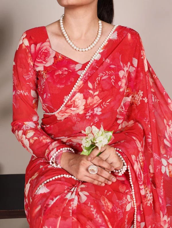 Georgette Weightless Floral Printed Saree – Elegant Pearl Lace Border & Matching Blouse
