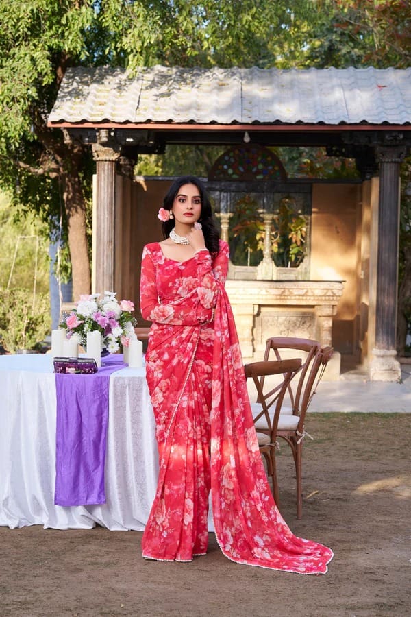 Georgette Weightless Floral Printed Saree – Elegant Pearl Lace Border & Matching Blouse