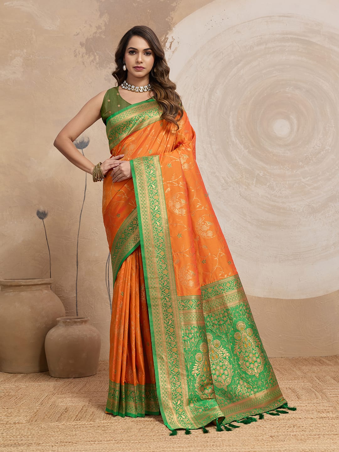 Soft Banarasi Silk Saree – Meenakari Jaal with Gold Zari Border & Rich Pallu