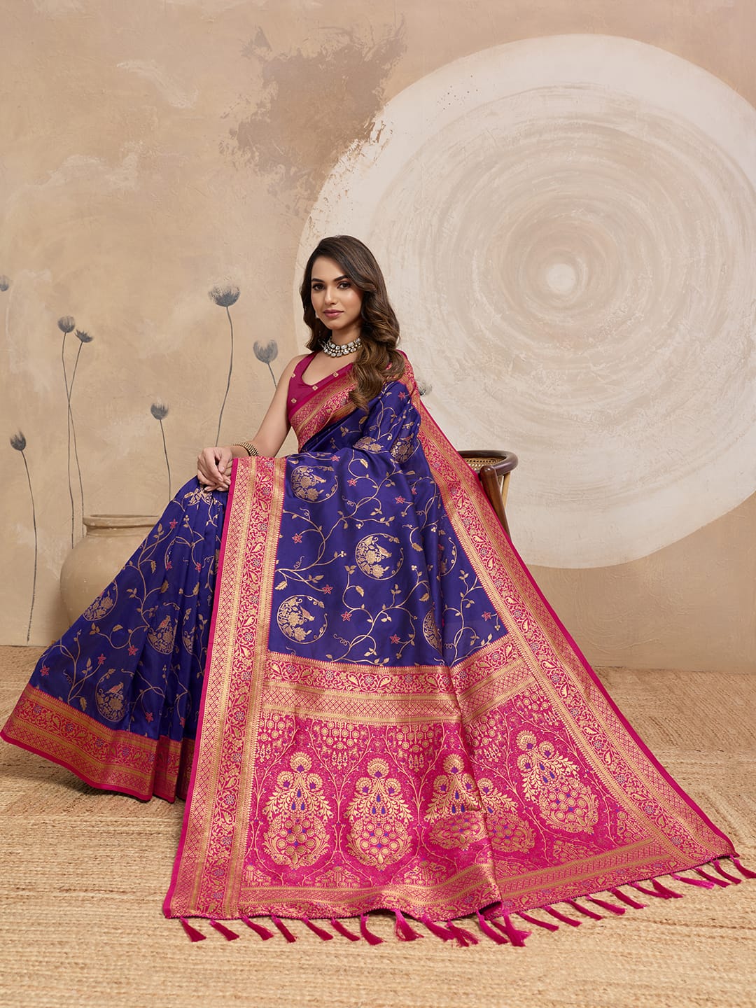 Soft Banarasi Silk Saree – Meenakari Jaal with Gold Zari Border & Rich Pallu