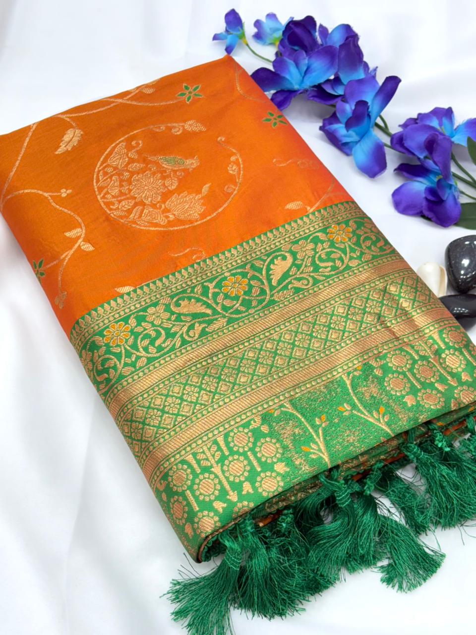 Soft Banarasi Silk Saree – Meenakari Jaal with Gold Zari Border & Rich Pallu