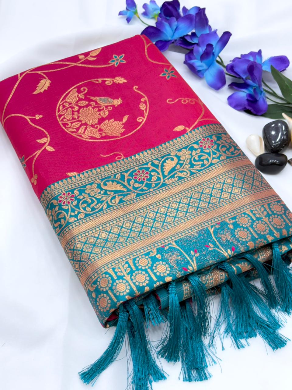 Soft Banarasi Silk Saree – Meenakari Jaal with Gold Zari Border & Rich Pallu