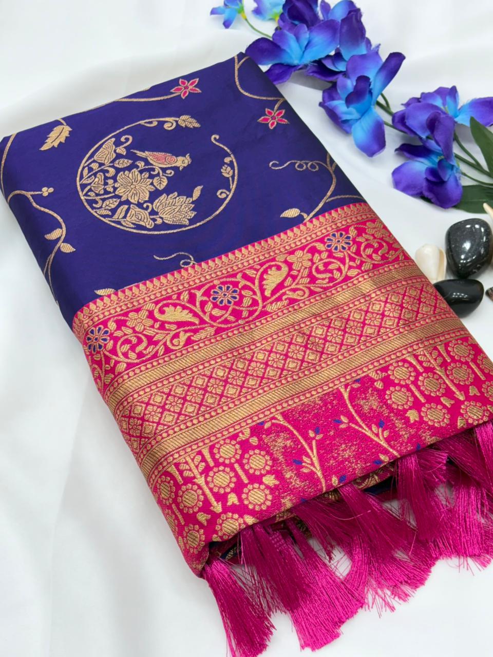 Soft Banarasi Silk Saree – Meenakari Jaal with Gold Zari Border & Rich Pallu