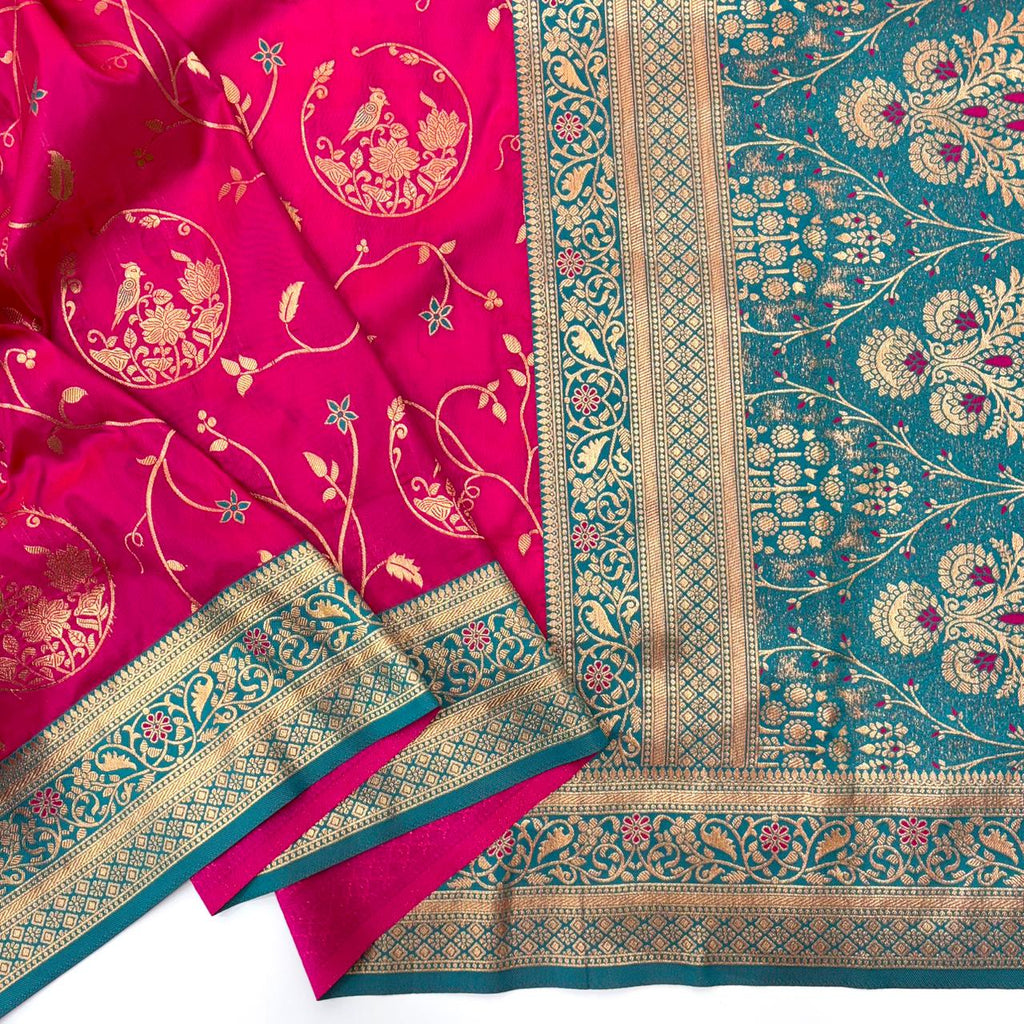 Soft Banarasi Silk Saree – Meenakari Jaal with Gold Zari Border & Rich Pallu