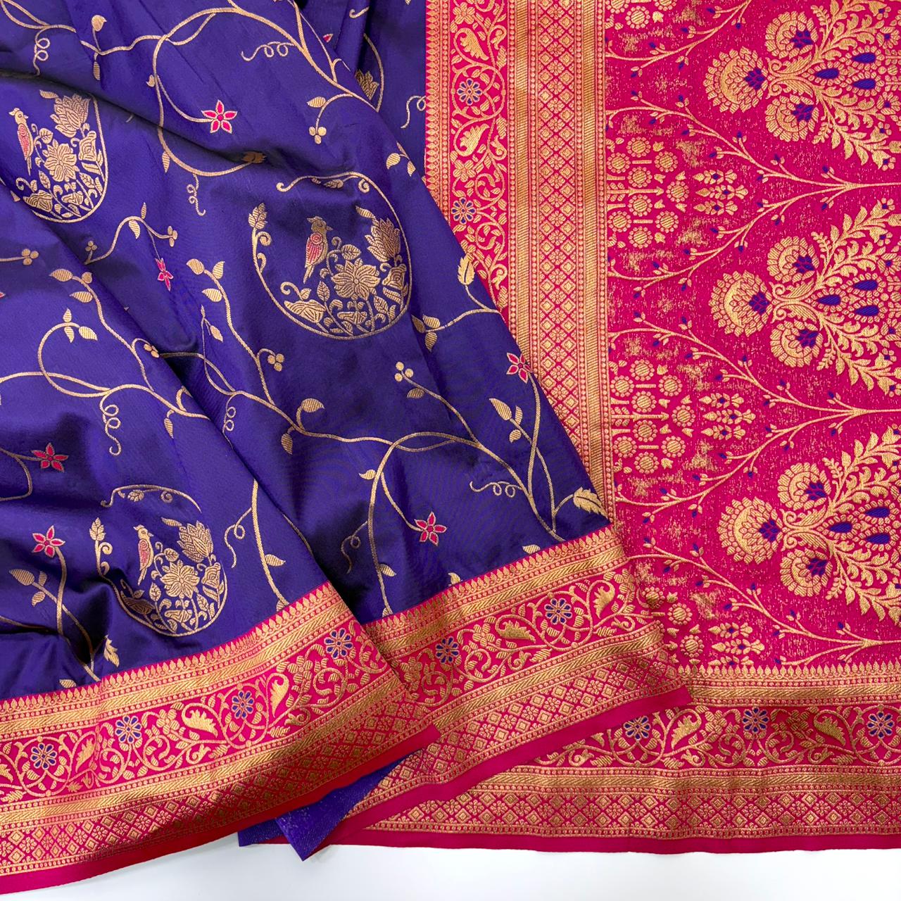 Soft Banarasi Silk Saree – Meenakari Jaal with Gold Zari Border & Rich Pallu