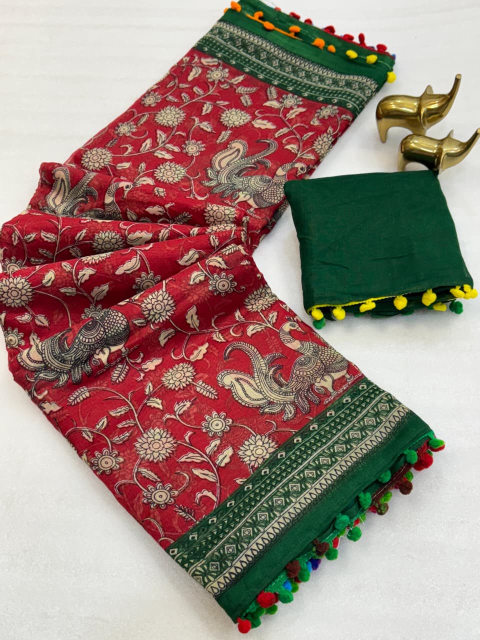 Mul Mul Cotton Ikkat Print Saree with Pom Pom border