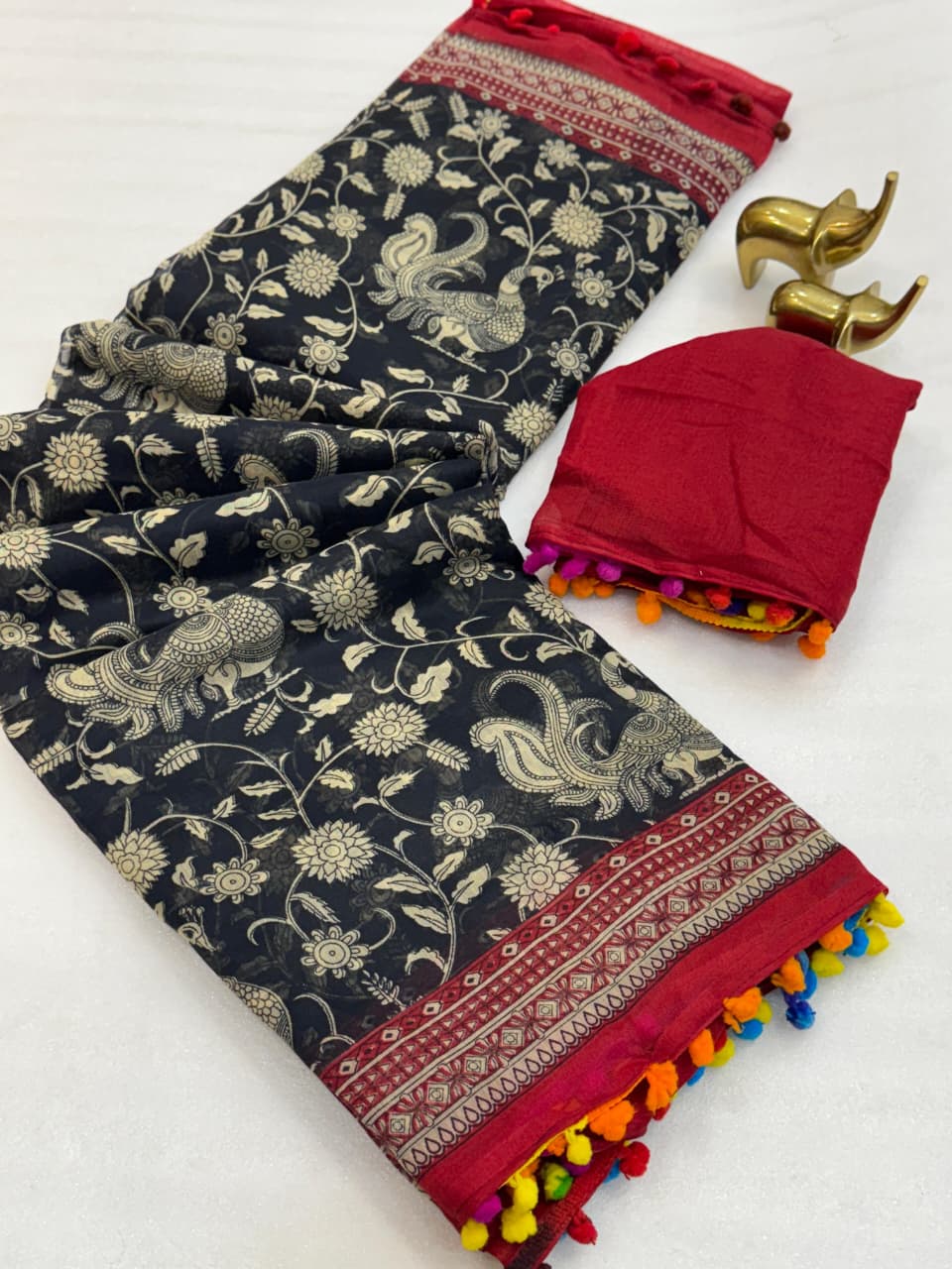 Mul Mul Cotton Ikkat Print Saree with Pom Pom border