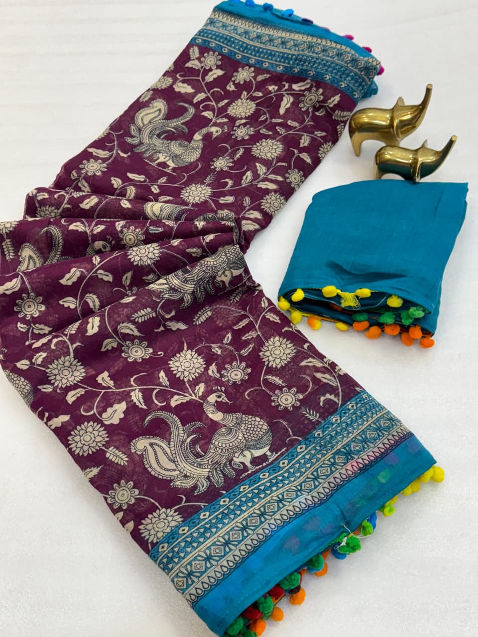 Mul Mul Cotton Ikkat Print Saree with Pom Pom border