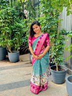 Premium Soft Dola Silk Saree with Kalamkari Print, Elephant & Peacock Weaving – Elegant Boutique Collection