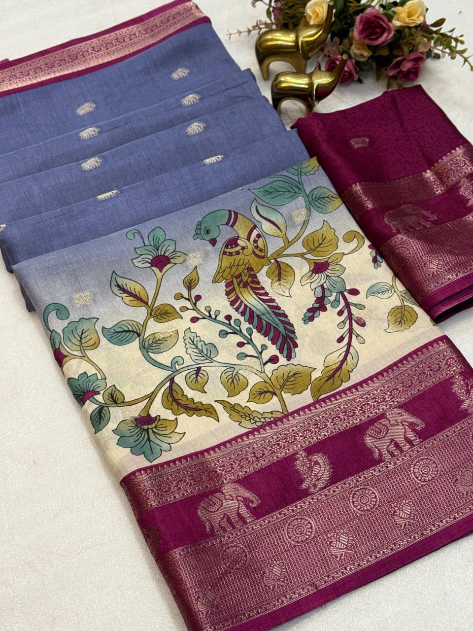 Premium Soft Dola Silk Saree with Kalamkari Print, Elephant & Peacock Weaving – Elegant Boutique Collection