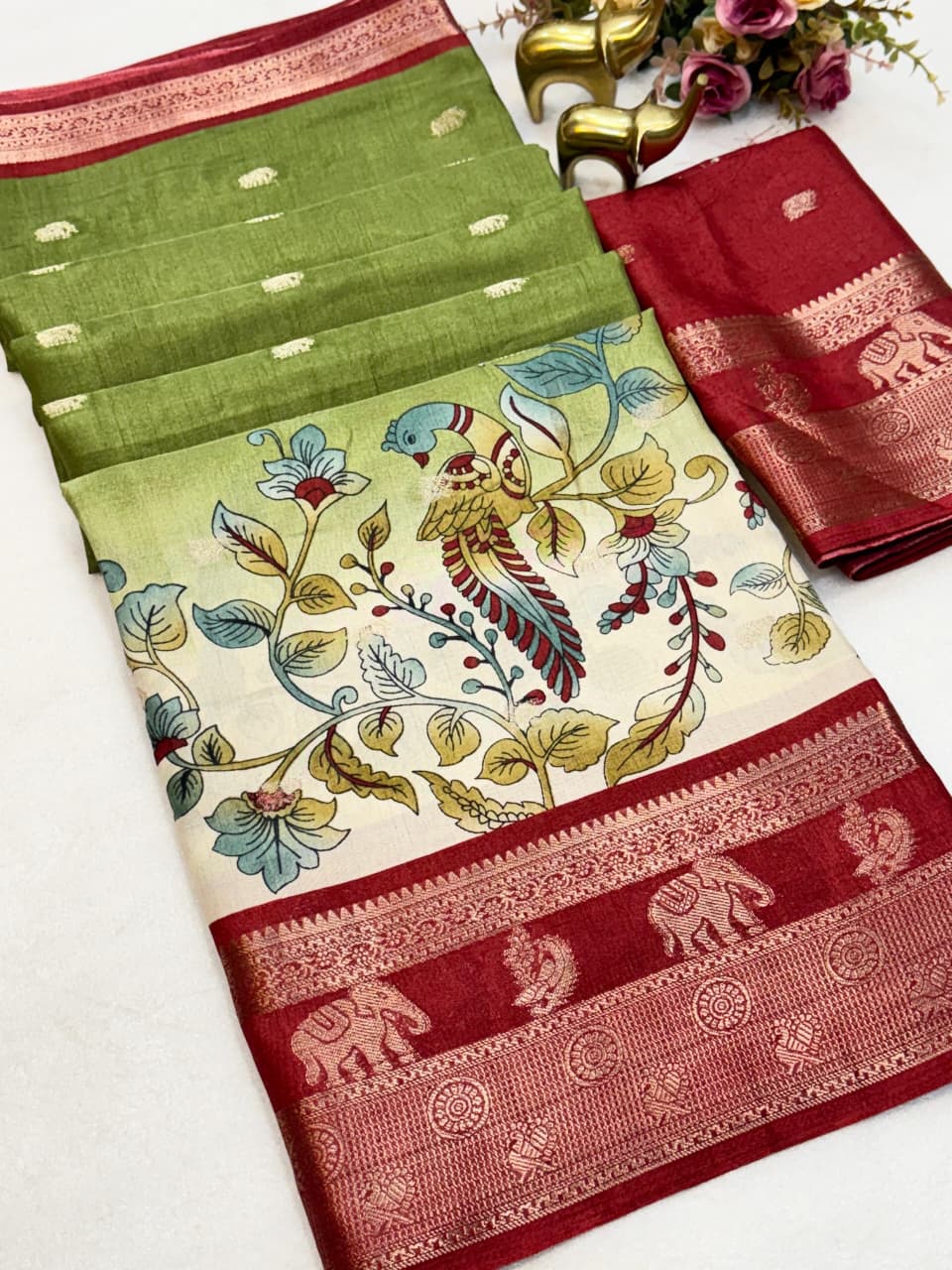Premium Soft Dola Silk Saree with Kalamkari Print, Elephant & Peacock Weaving – Elegant Boutique Collection