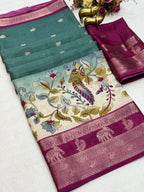 Premium Soft Dola Silk Saree with Kalamkari Print, Elephant & Peacock Weaving – Elegant Boutique Collection