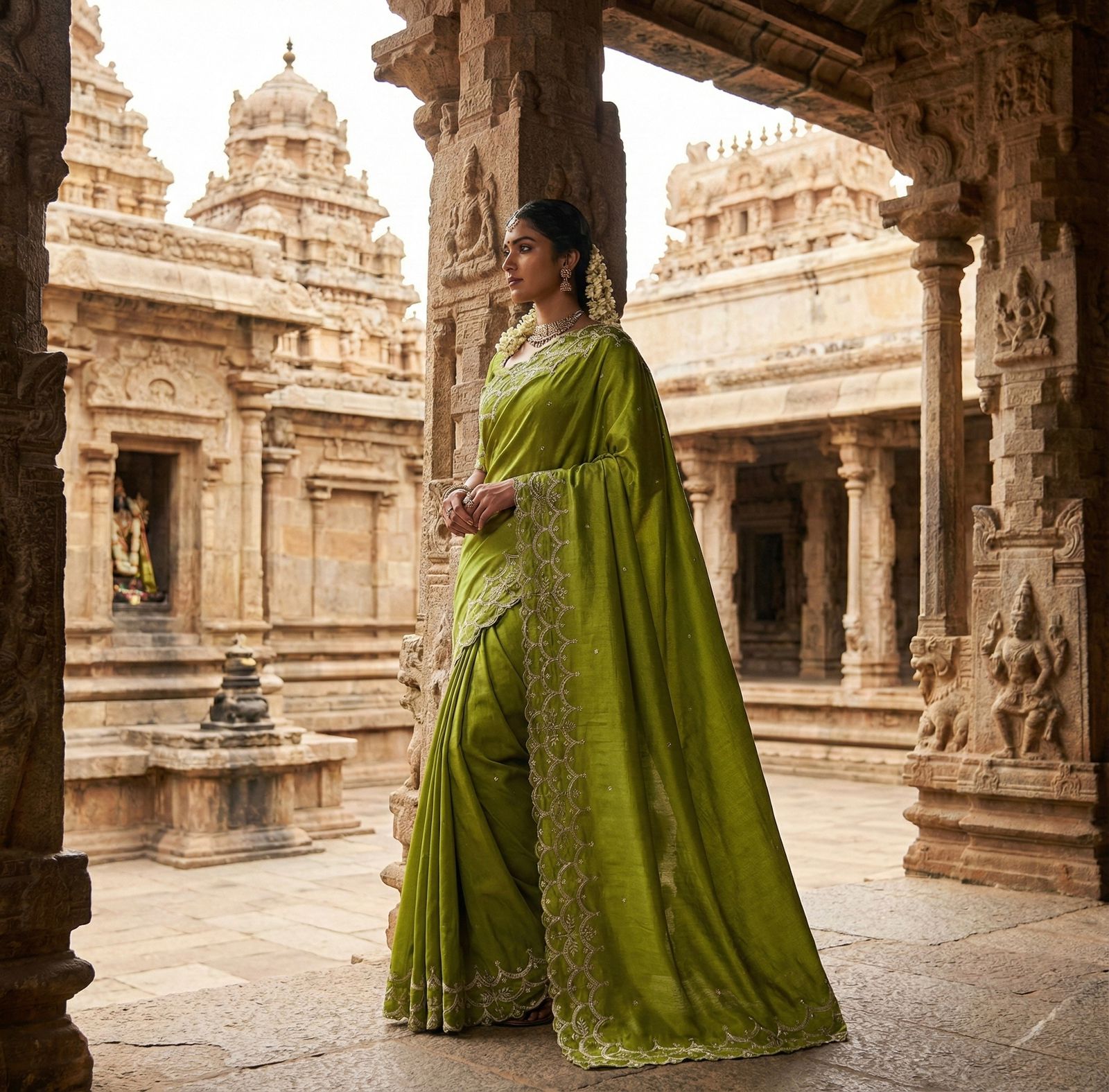 Pure Chinon Silk Saree – Embroidery, Sequence Work & Cutwork Border