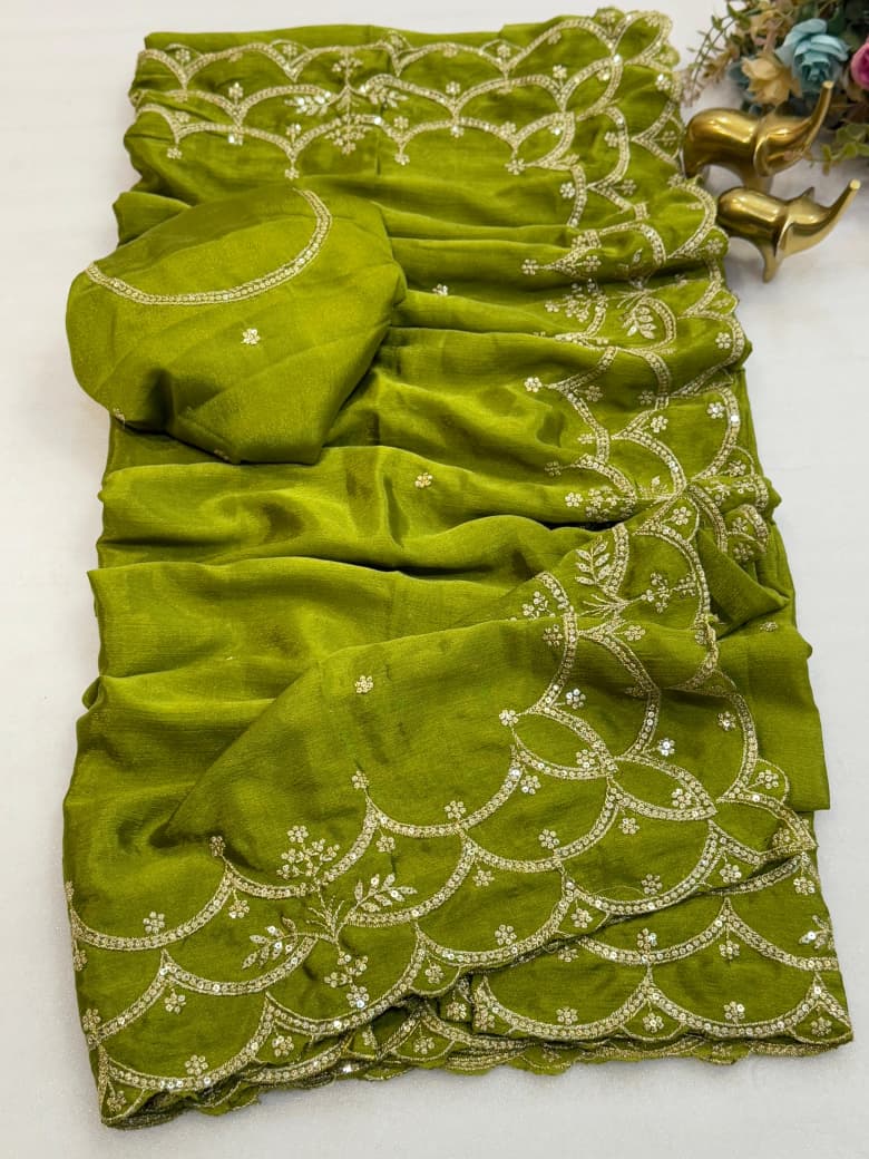 Pure Chinon Silk Saree – Embroidery, Sequence Work & Cutwork Border