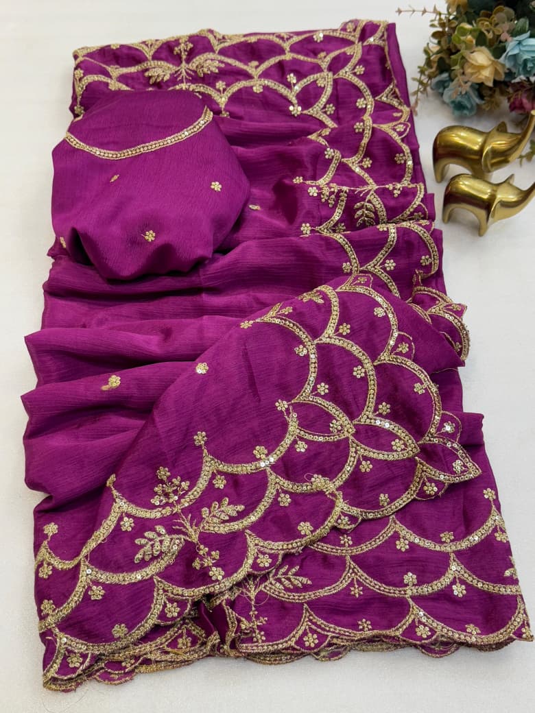 Pure Chinon Silk Saree – Embroidery, Sequence Work & Cutwork Border