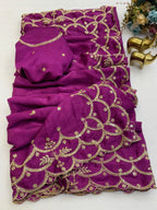 Pure Chinon Silk Saree – Embroidery, Sequence Work & Cutwork Border
