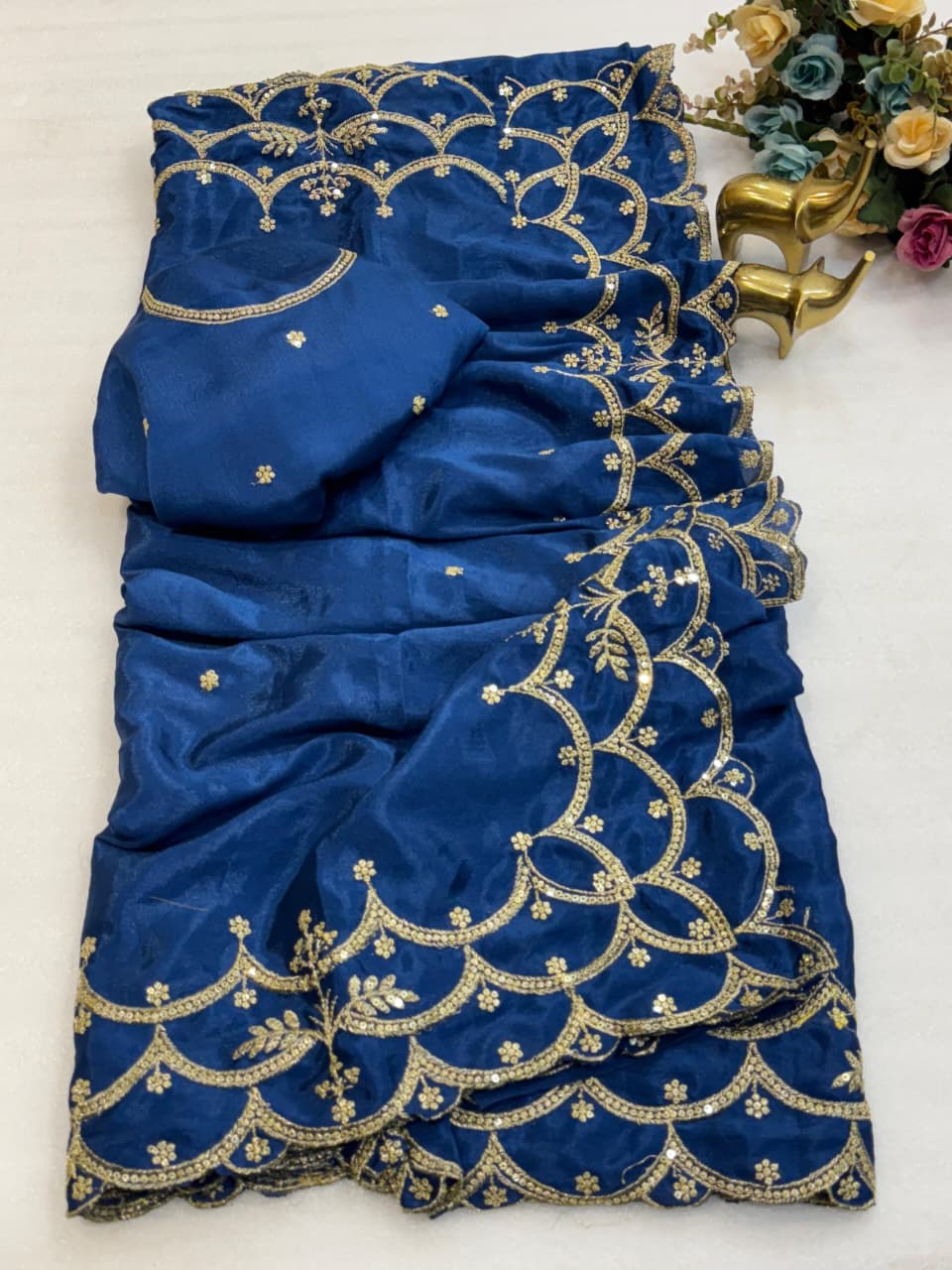 Pure Chinon Silk Saree – Embroidery, Sequence Work & Cutwork Border