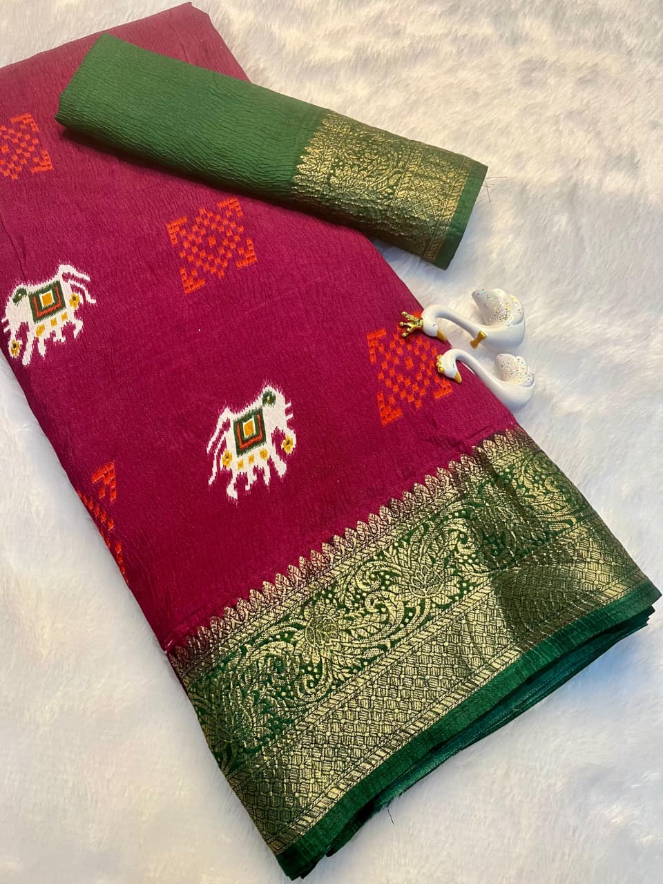 Premium Dola Silk Saree – Soft, Lightweight with Elephant Theme & Contrast Weaving