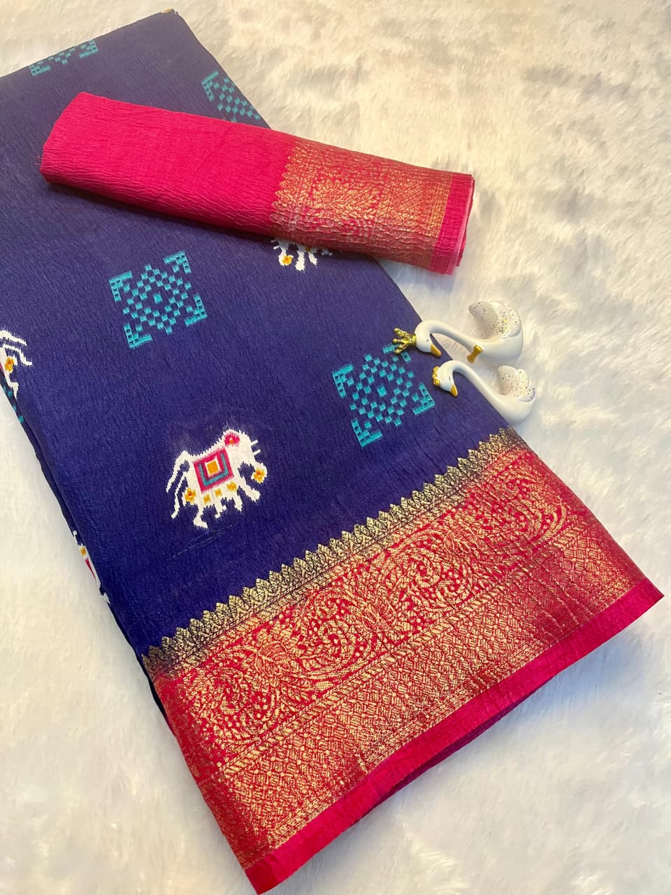 Premium Dola Silk Saree – Soft, Lightweight with Elephant Theme & Contrast Weaving