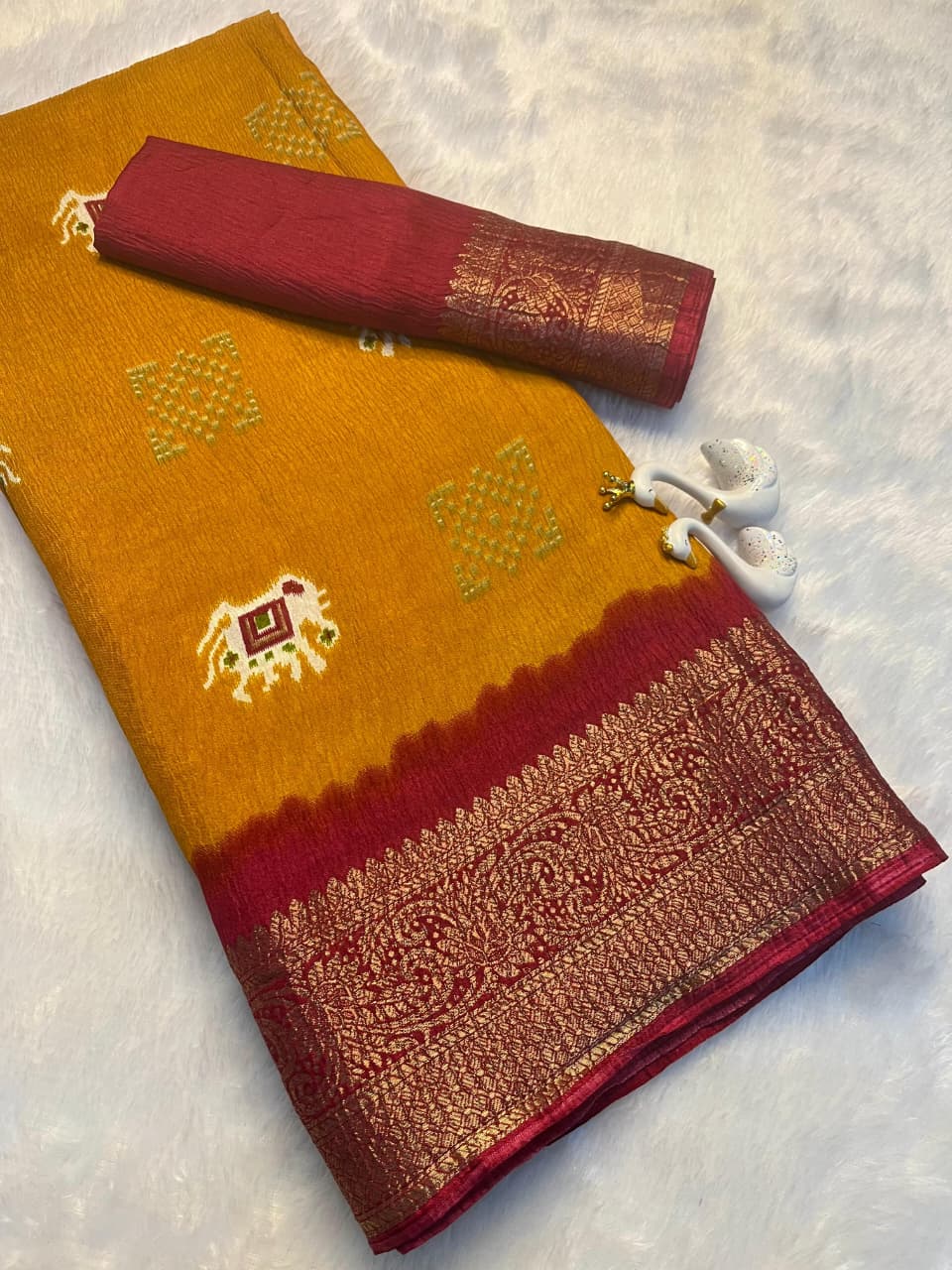 Premium Dola Silk Saree – Soft, Lightweight with Elephant Theme & Contrast Weaving