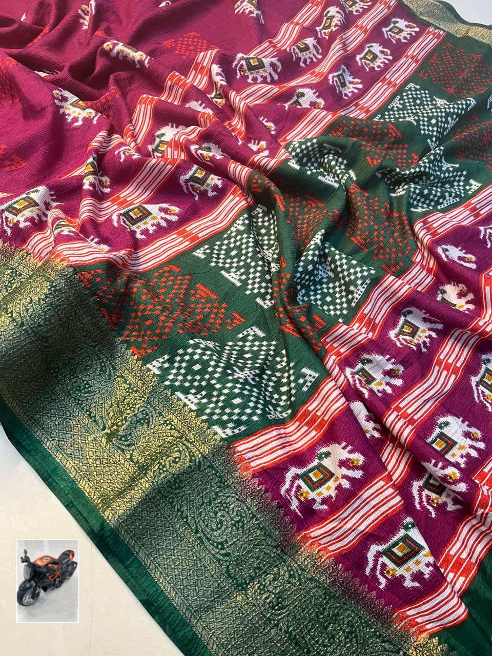 Premium Dola Silk Saree – Soft, Lightweight with Elephant Theme & Contrast Weaving