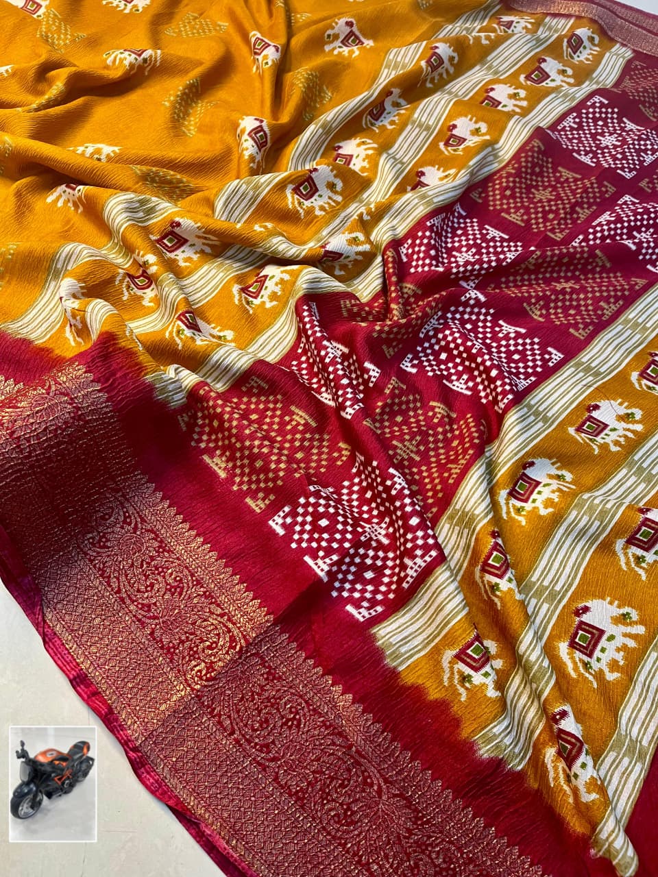 Premium Dola Silk Saree – Soft, Lightweight with Elephant Theme & Contrast Weaving