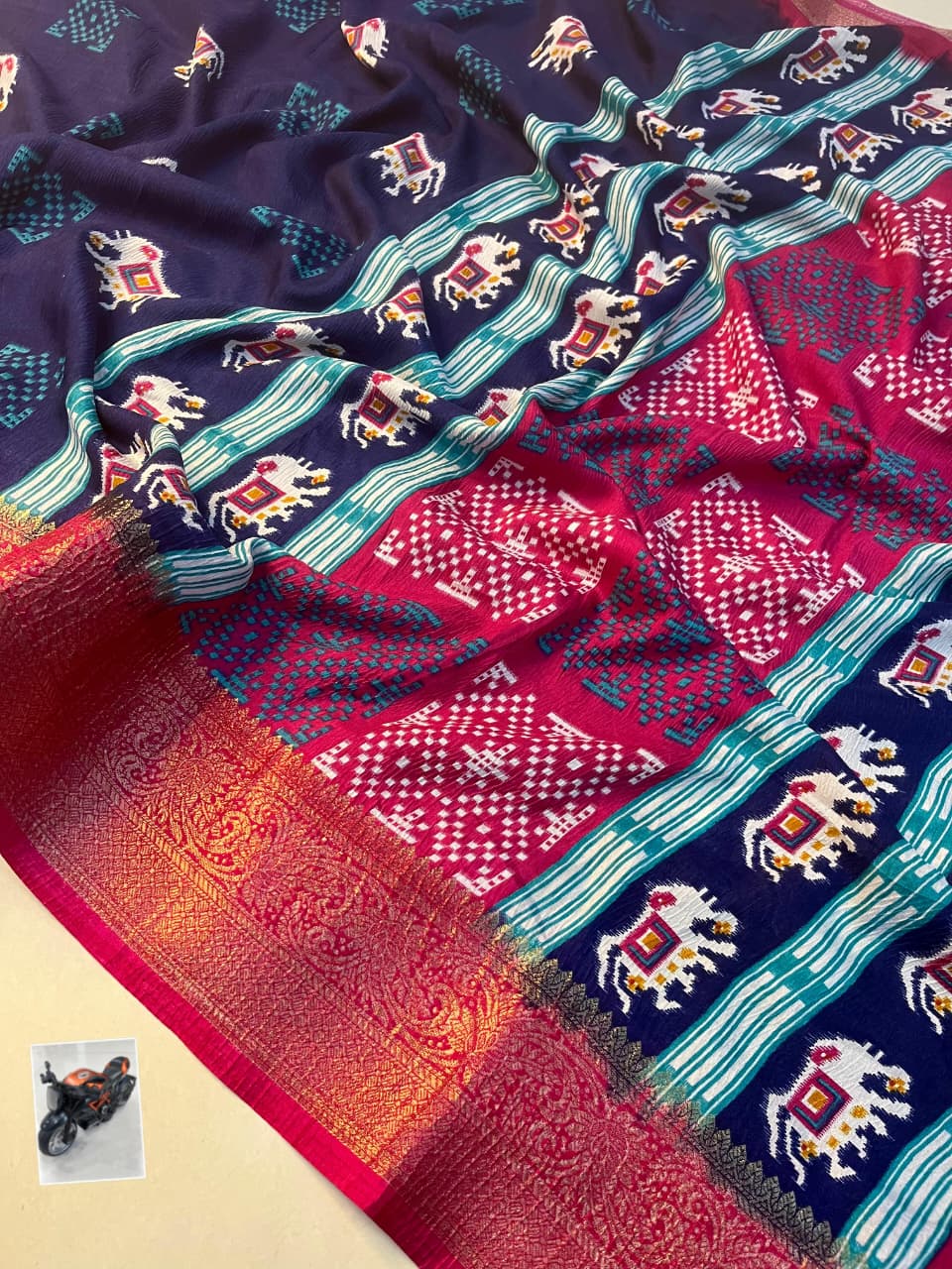 Premium Dola Silk Saree – Soft, Lightweight with Elephant Theme & Contrast Weaving