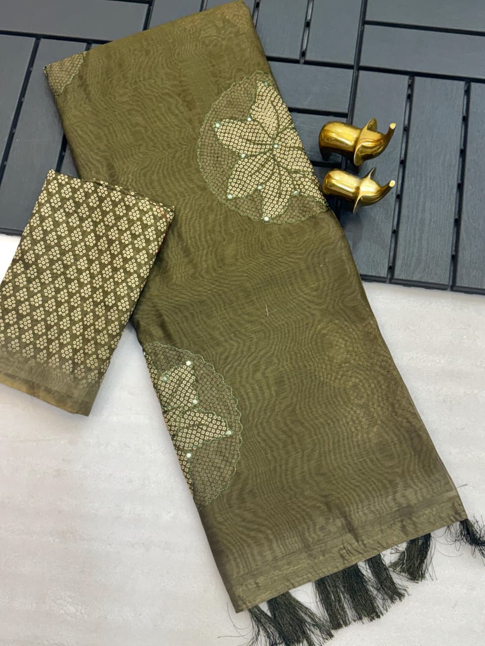 Pure Malai Cotton Saree – Bandhani Prints with Aari & Gota Mirror Work