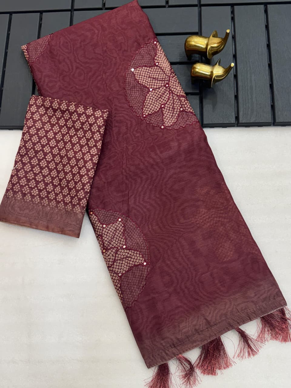 Pure Malai Cotton Saree – Bandhani Prints with Aari & Gota Mirror Work
