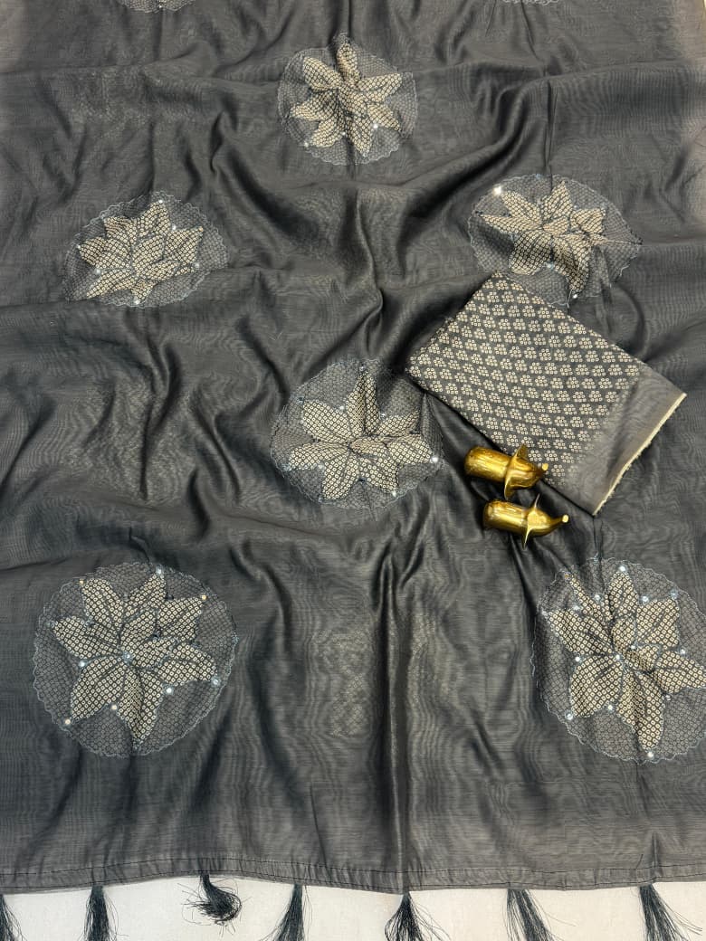 Pure Malai Cotton Saree – Bandhani Prints with Aari & Gota Mirror Work