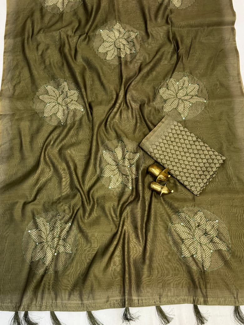 Pure Malai Cotton Saree – Bandhani Prints with Aari & Gota Mirror Work