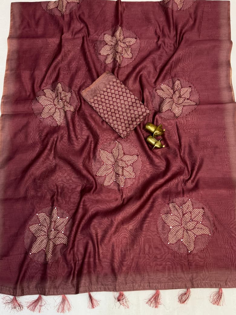 Pure Malai Cotton Saree – Bandhani Prints with Aari & Gota Mirror Work