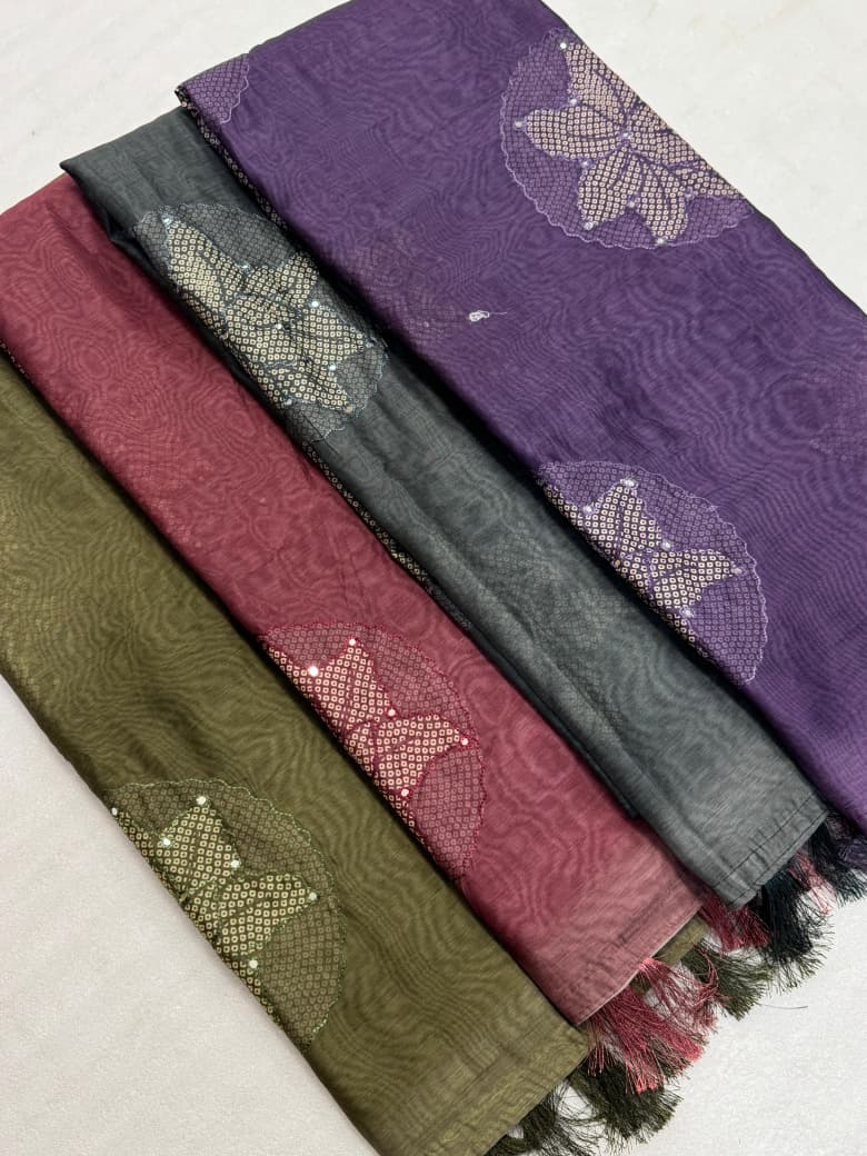 Pure Malai Cotton Saree – Bandhani Prints with Aari & Gota Mirror Work