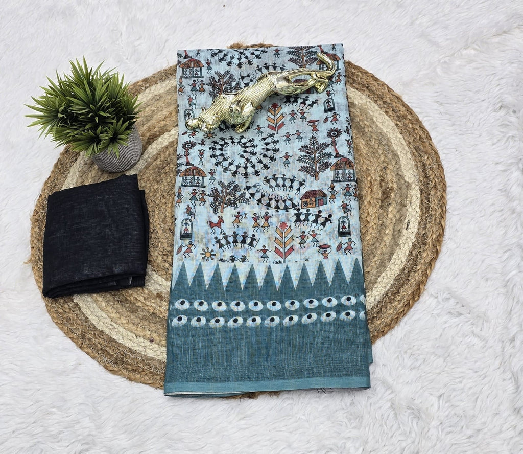 Premium Lilan Cotton Digital Print Saree – Soft, Lightweight & Trendy Folk Motifs