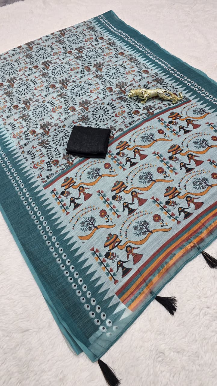 Premium Lilan Cotton Digital Print Saree – Soft, Lightweight & Trendy Folk Motifs