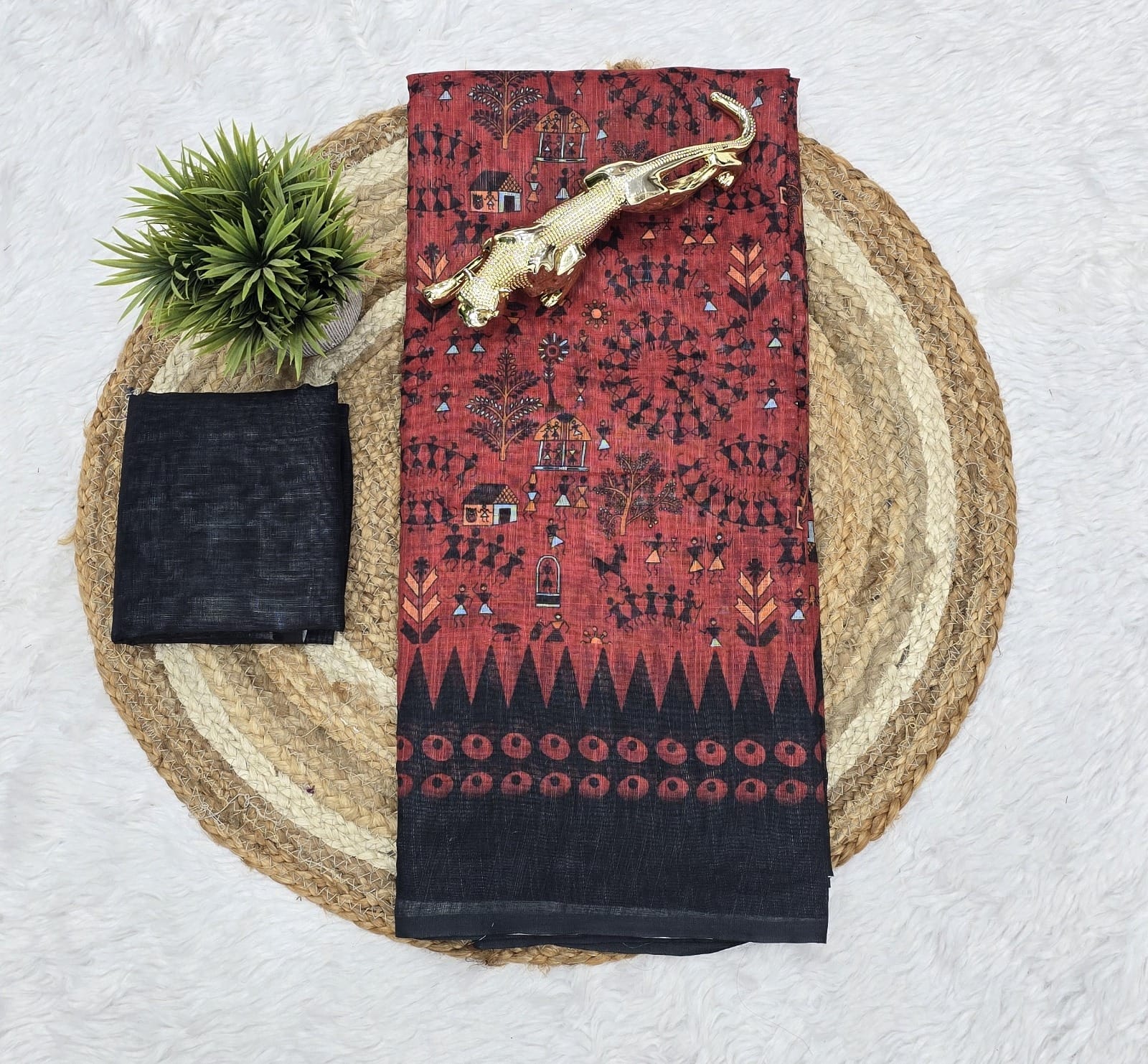 Premium Lilan Cotton Digital Print Saree – Soft, Lightweight & Trendy Folk Motifs