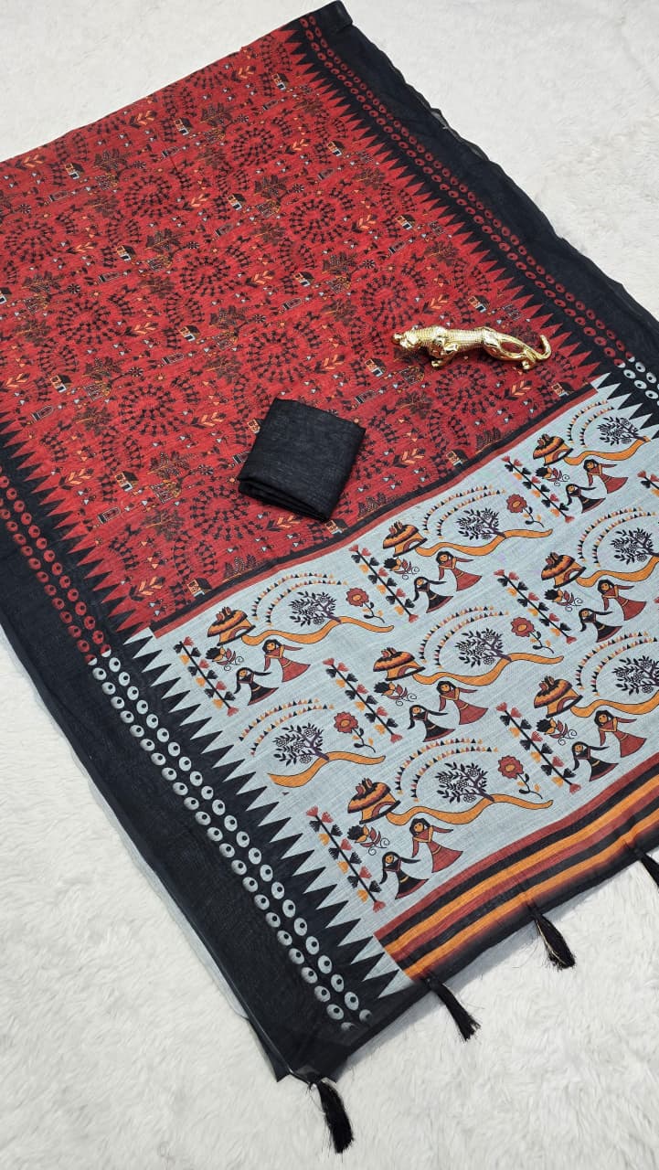 Premium Lilan Cotton Digital Print Saree – Soft, Lightweight & Trendy Folk Motifs