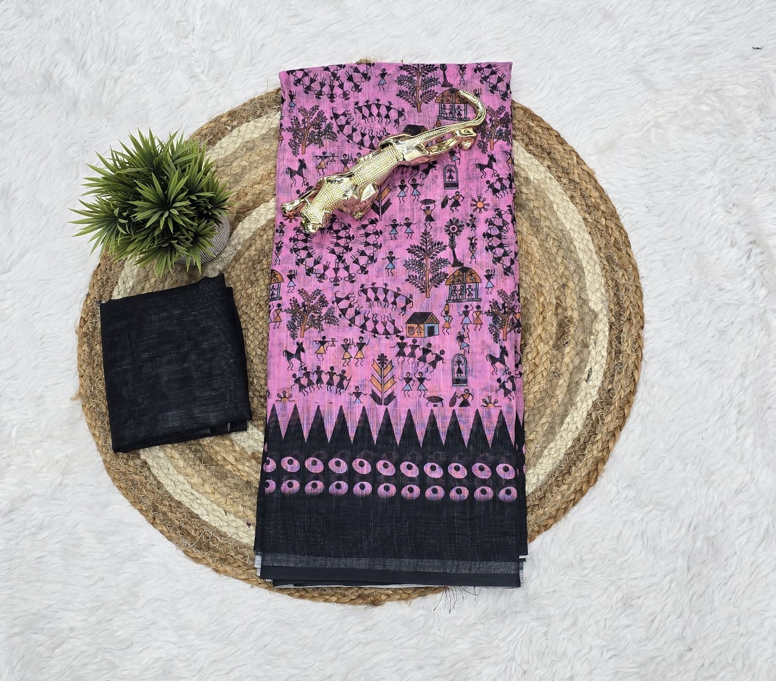 Premium Lilan Cotton Digital Print Saree – Soft, Lightweight & Trendy Folk Motifs