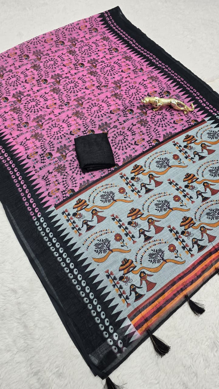 Premium Lilan Cotton Digital Print Saree – Soft, Lightweight & Trendy Folk Motifs