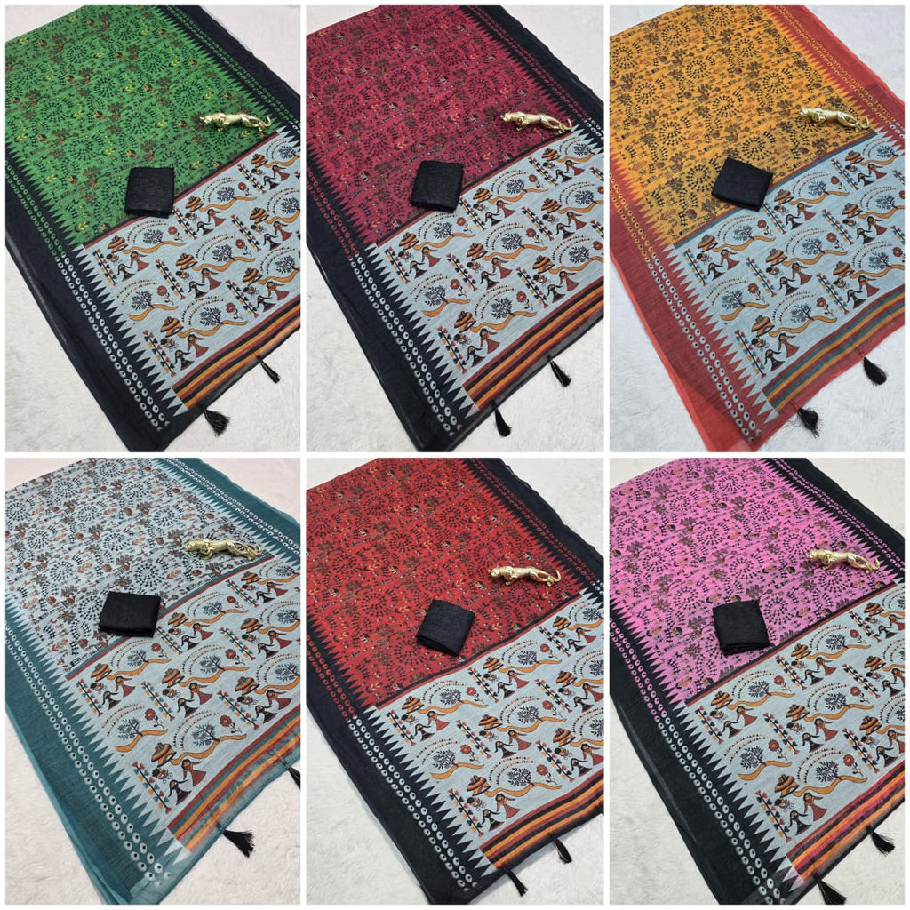 Premium Lilan Cotton Digital Print Saree – Soft, Lightweight & Trendy Folk Motifs