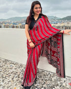 Super Hit Semi Gajji Silk Saree – Original Japan Satin Silk with Ajrakh Print Border & Rich Pallu