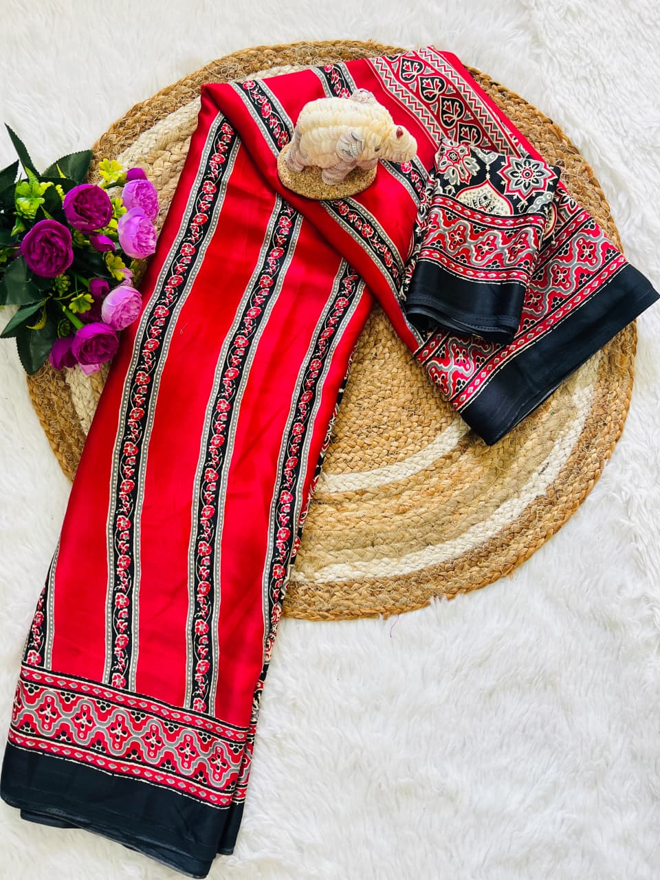 Super Hit Semi Gajji Silk Saree – Original Japan Satin Silk with Ajrakh Print Border & Rich Pallu