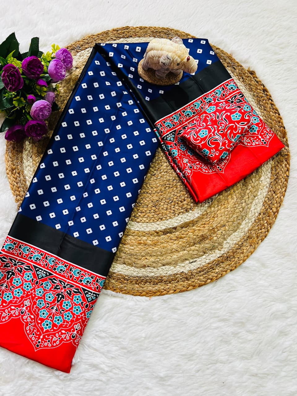 Super Hit Semi Gajji Silk Saree – Original Japan Satin Silk with Ajrakh Print Border & Rich Pallu